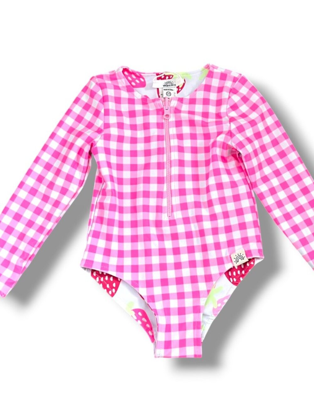 NWT Wonderlux Reversible Swimsuit Pink Gingham Strawberry Long Sleeve Zip 2T